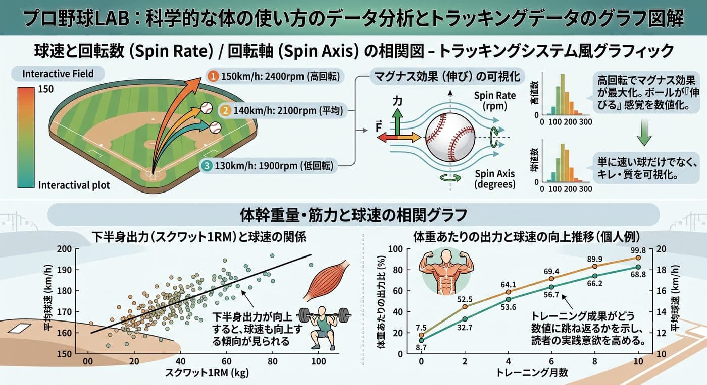 球速と回転数の相関、下半身出力と球速の相関、トレーニングによる出力向上の推移を示すグラフ