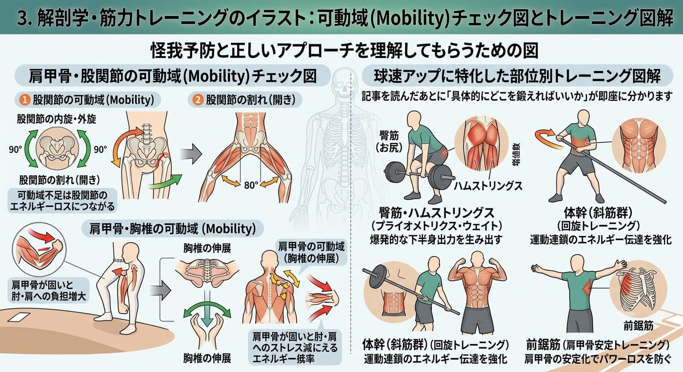 肩甲骨・股関節の可動域チェックと、部位別トレーニングの図解