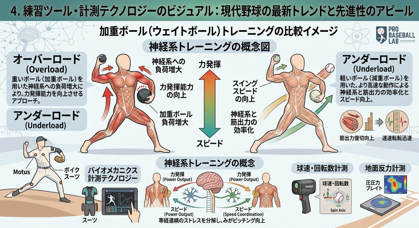加重ボールトレーニングやバイオメカニクス計測など、球速アップに使われる主なトレーニングツールの図解